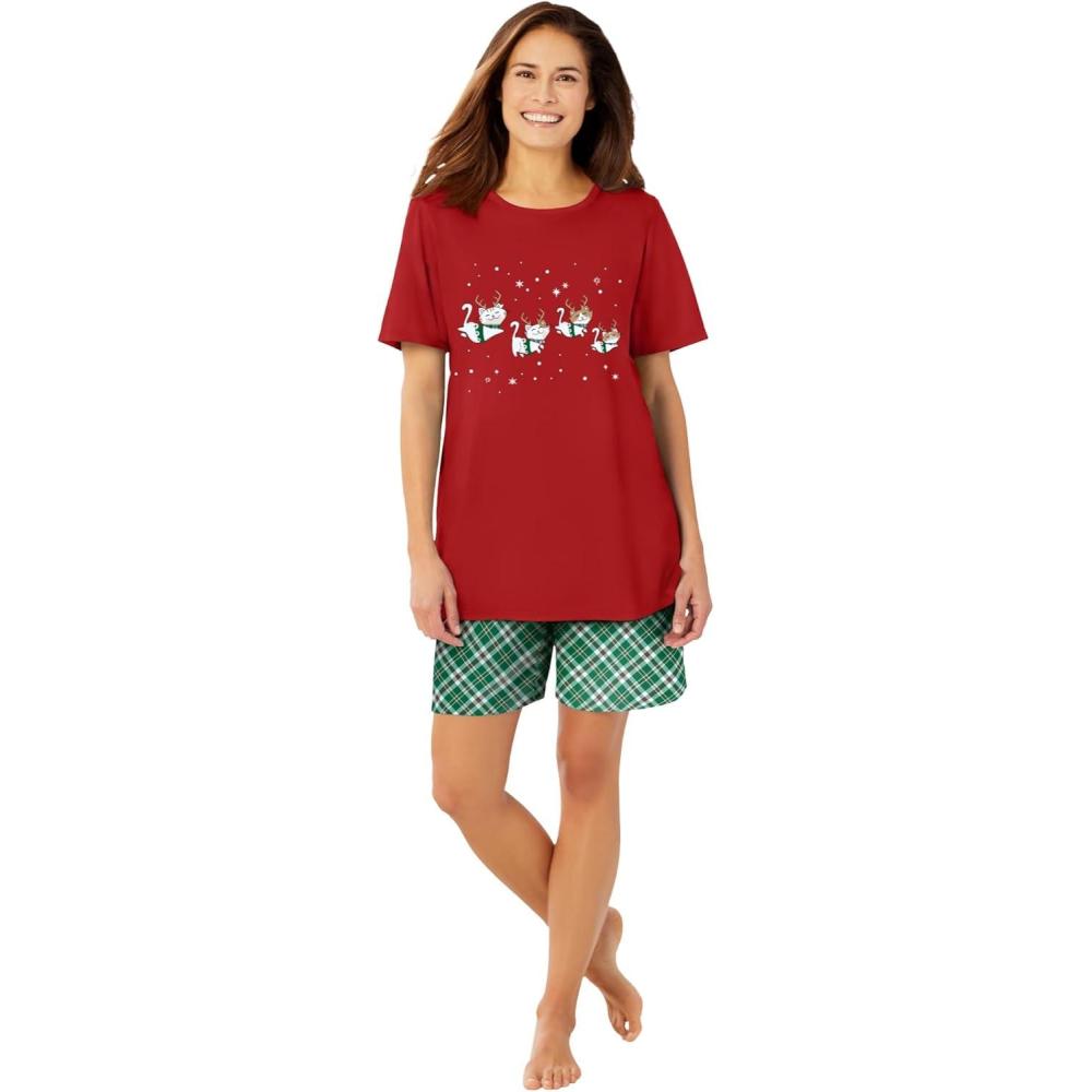 image:imageDreams amp Co Plus Size Knit Pj Short SetClassic Red Reindeer Cat