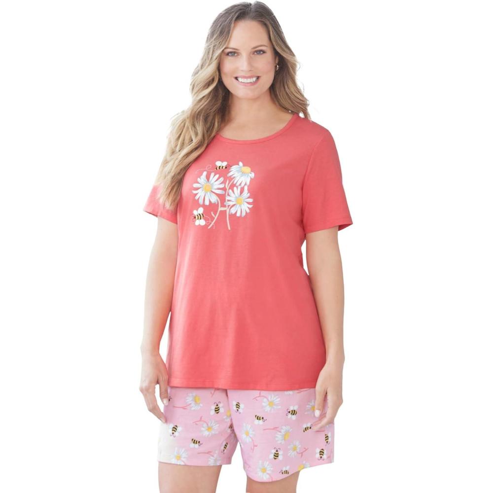 image:imageDreams amp Co Plus Size Knit Pj Short SetSweet Coral Bees