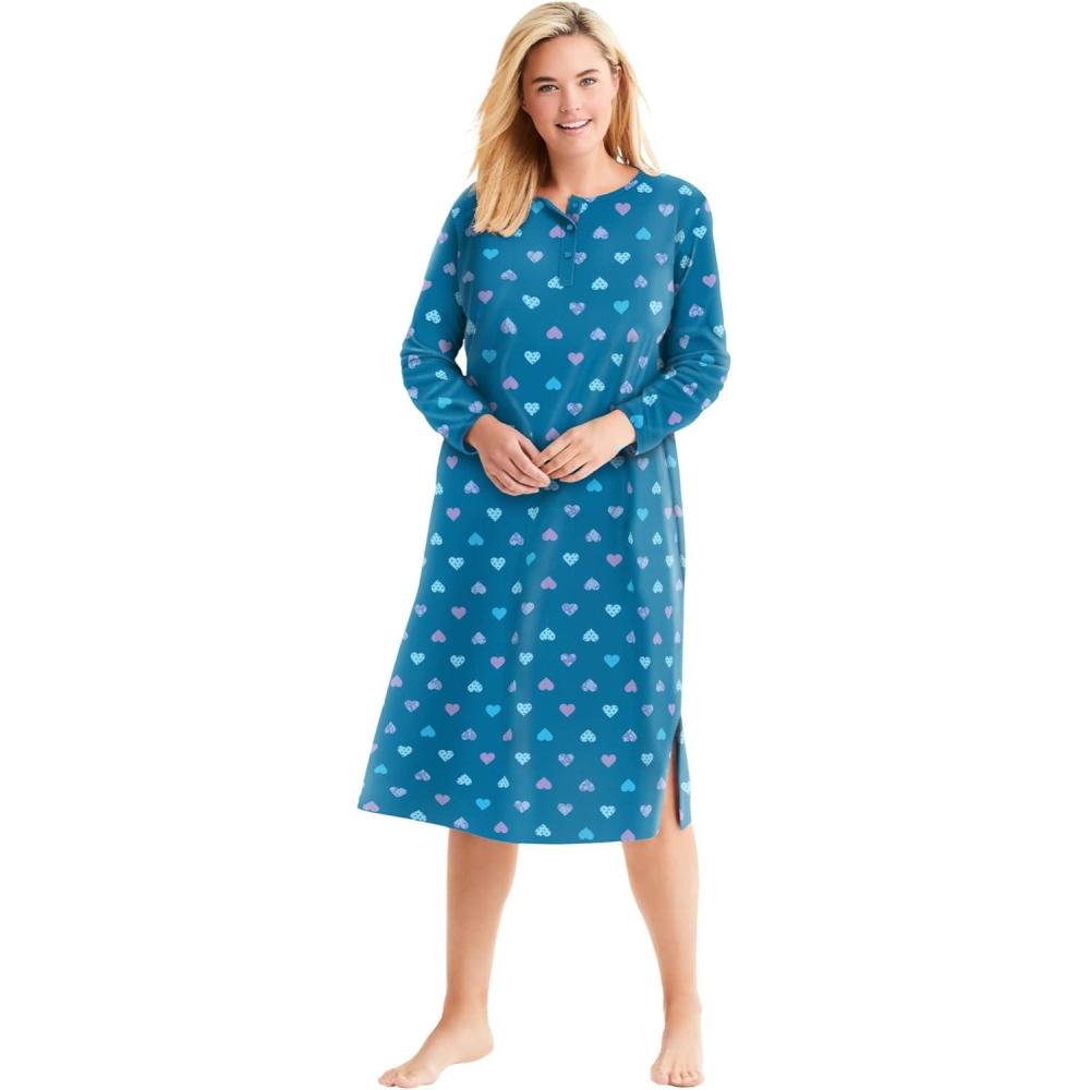 image:imageDreams amp Co Plus Size LongSleeve Henley Print SleepshirtDeep Teal Hearts