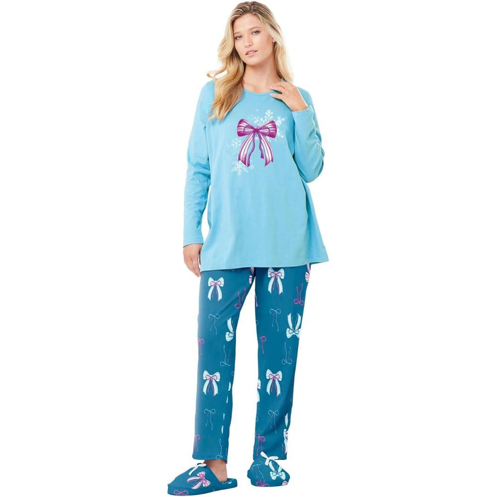 image:imageDreams amp Co Plus Size Petite Long Sleeve Knit PJ SetDeep Teal Bows