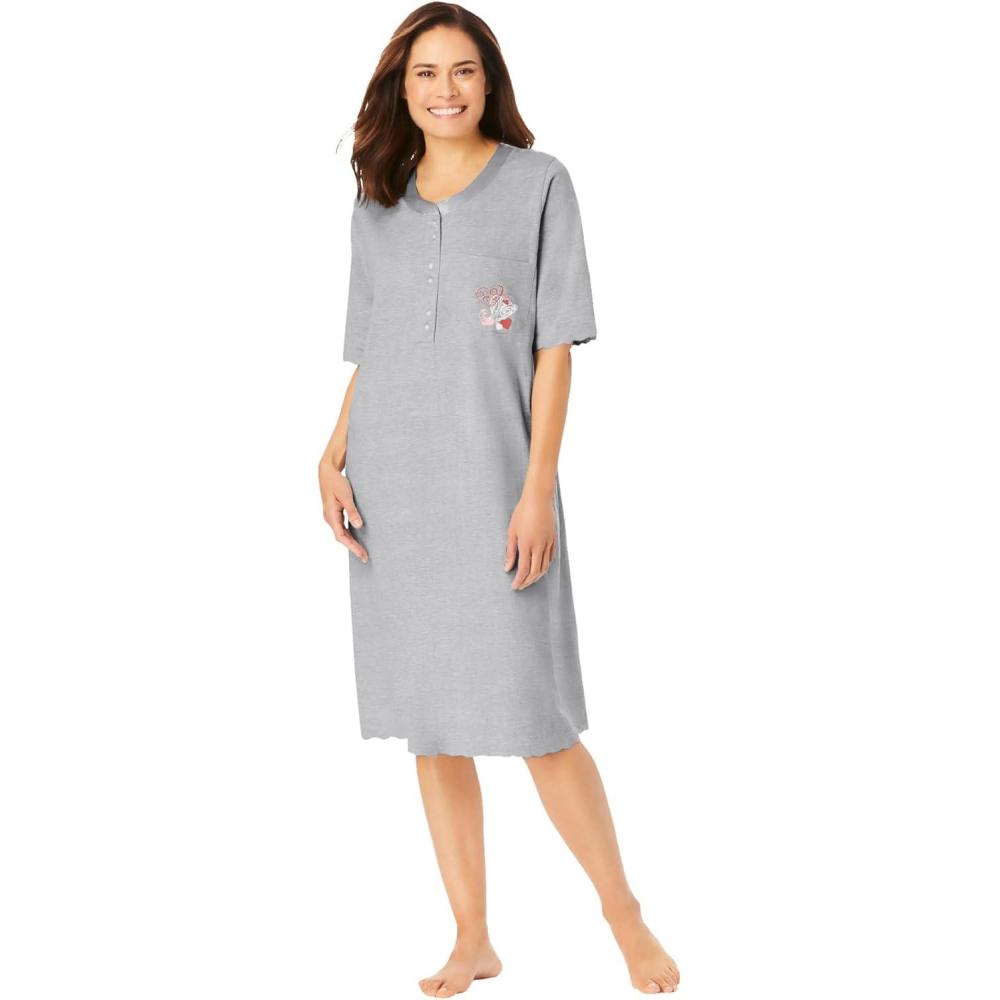 image:imageDreams amp Co Plus Size Satin Trim Cotton SleepshirtHeather Grey Scroll Heart