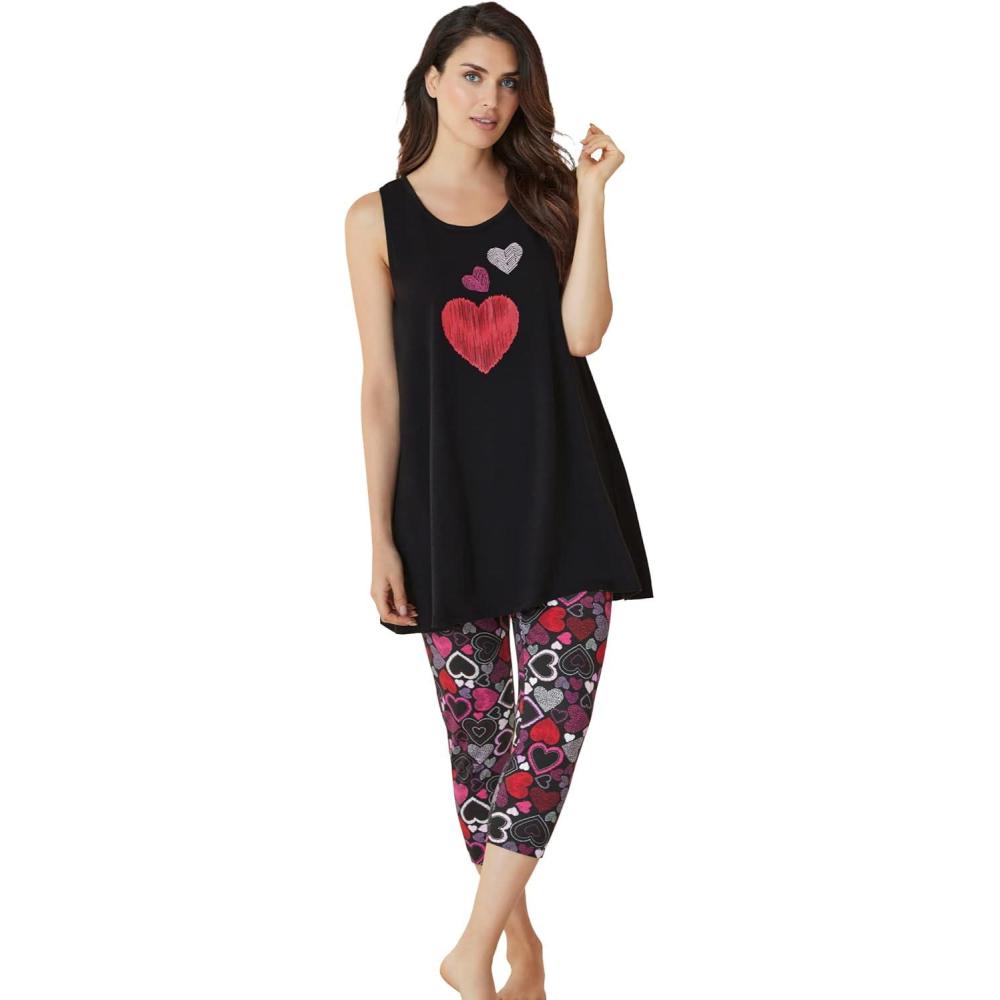 image:imageDreams amp Co Plus Size Scoopneck Tank amp Capri Legging PJ SetBlack Multi Hearts