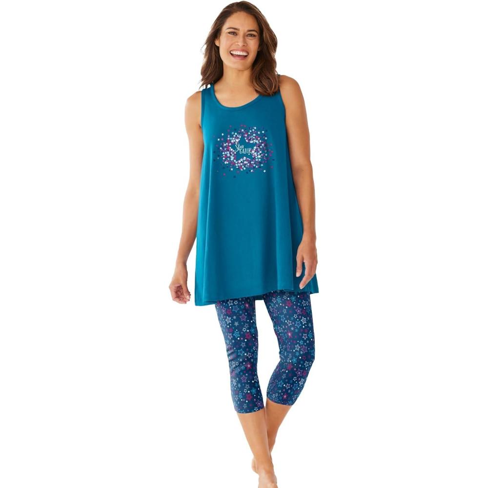 image:imageDreams amp Co Plus Size Scoopneck Tank amp Capri Legging PJ SetDeep Teal Stargazer