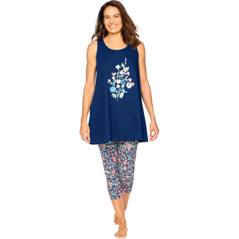 image:imageDreams amp Co Plus Size Scoopneck Tank amp Capri Legging PJ SetEvening Blue Floral
