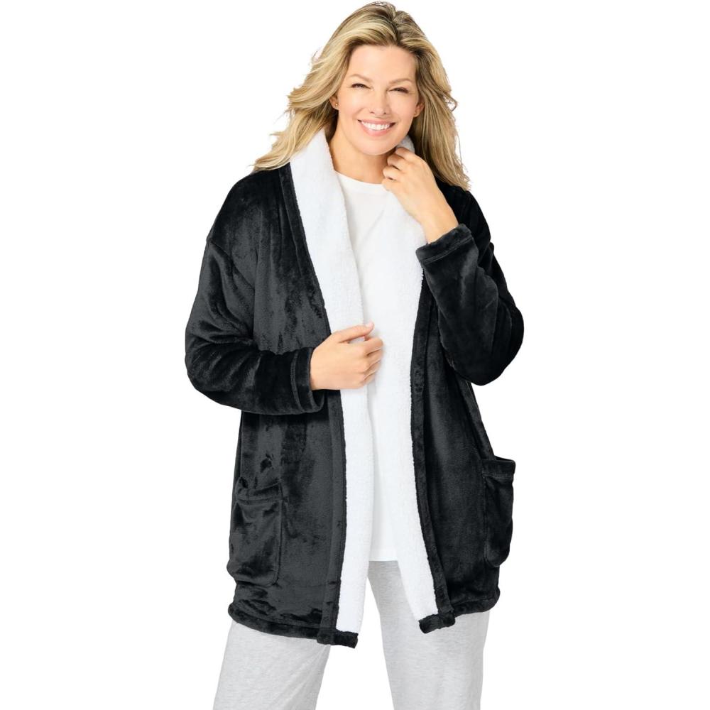 image:imageDreams amp Co Plus Size Sherpa Lined Collar Microfleece Bed JacketBlack