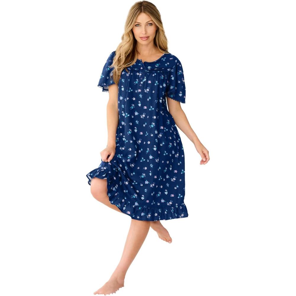 image:imageDreams amp Co Plus Size Short Floral Print Cotton GownEvening Blue Flowers