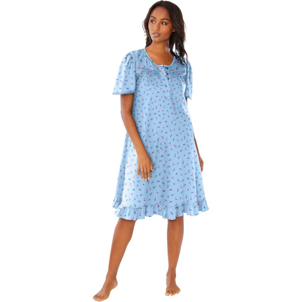 image:imageDreams amp Co Plus Size Short Floral Print Cotton GownSky Blue Ditsy