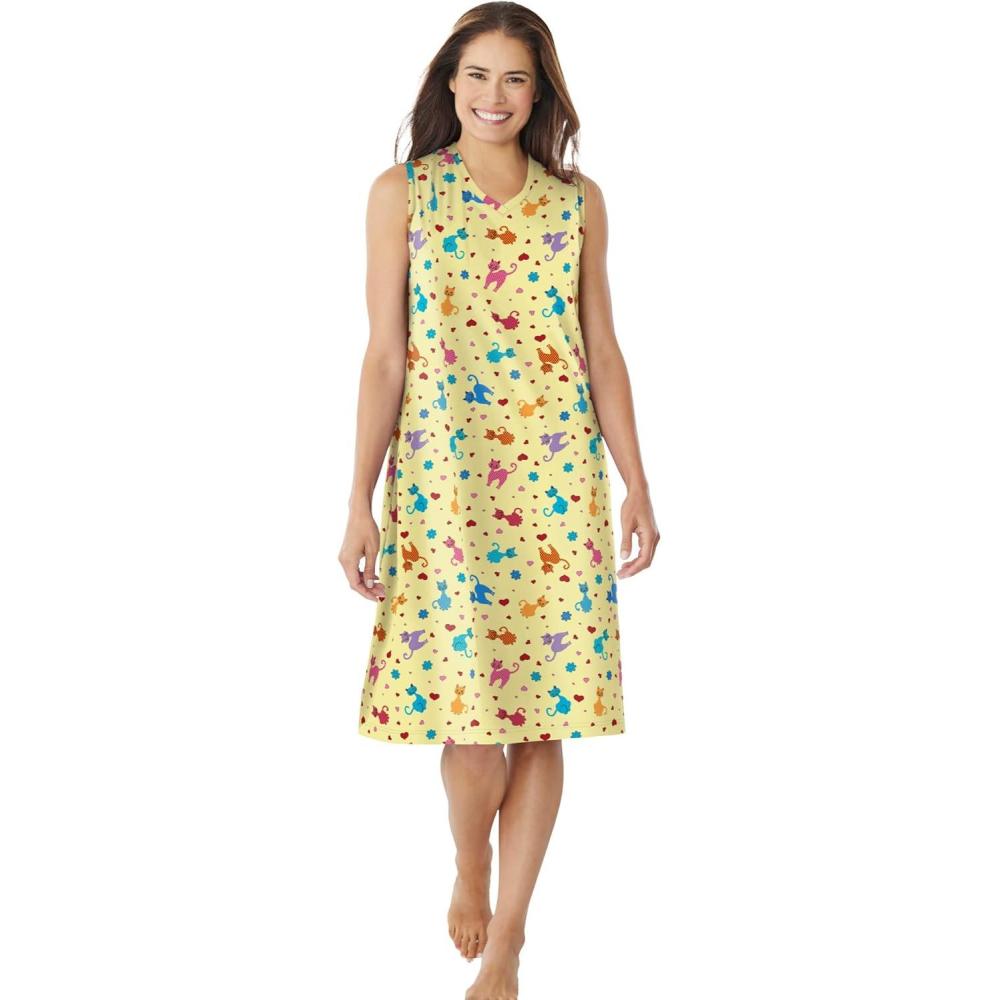 image:imageDreams amp Co Plus Size Short Sleeveless SleepshirtYellow Cats