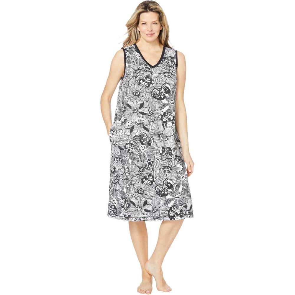 image:imageDreams amp Co Plus Size Trapeze VNeck Short LoungerBlack White Flower