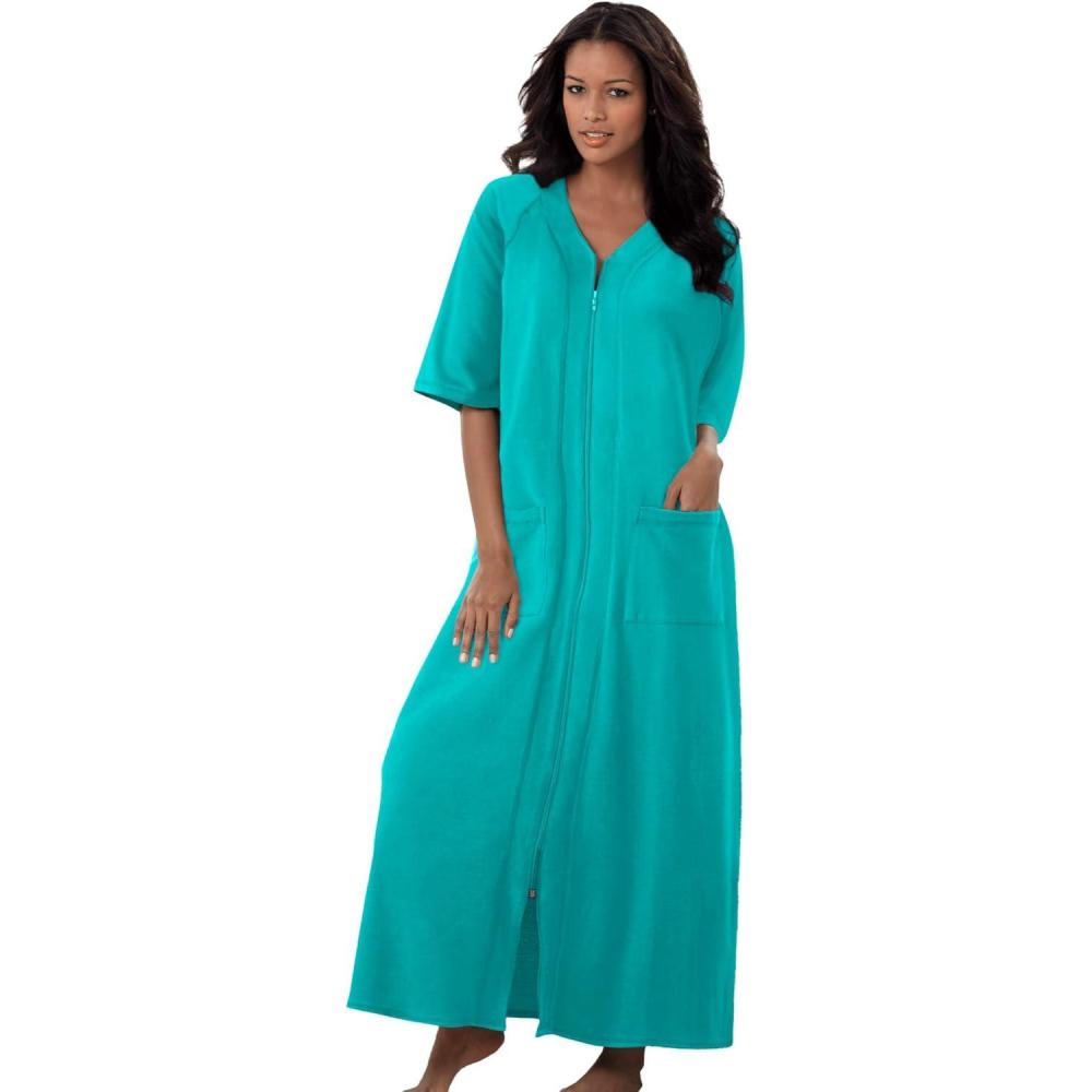 image:imageDreams amp Co Womens Plus Size Long French Terry ZipFront Robe Petite AvailableAquamarine