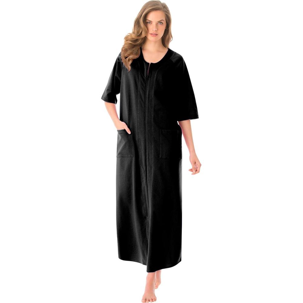 image:imageDreams amp Co Womens Plus Size Long French Terry ZipFront Robe Petite AvailableBlack