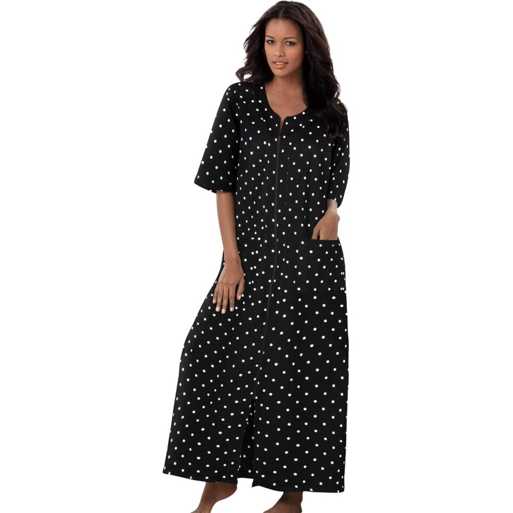 image:imageDreams amp Co Womens Plus Size Long French Terry ZipFront Robe Petite AvailableBlack Dot