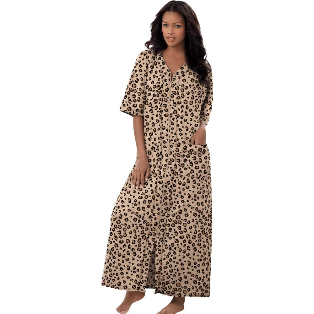 image:imageDreams amp Co Womens Plus Size Long French Terry ZipFront Robe Petite AvailableClassic Leopard