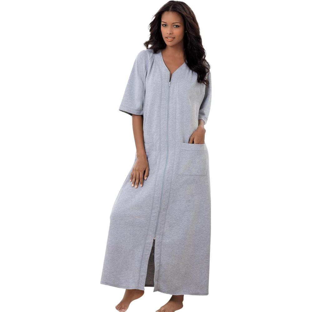 image:imageDreams amp Co Womens Plus Size Long French Terry ZipFront Robe Petite AvailableHeather Grey