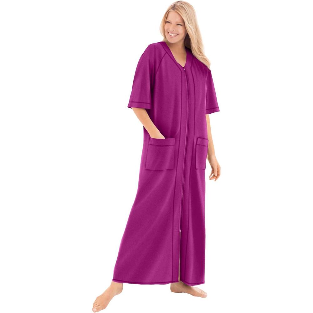 image:imageDreams amp Co Womens Plus Size Long French Terry ZipFront Robe Petite AvailableRich Magenta