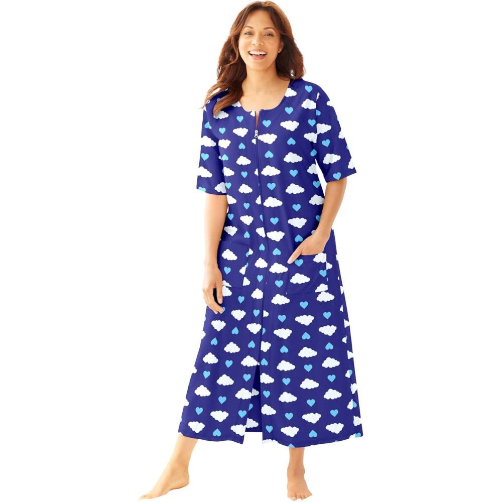 image:imageDreams amp Co Womens Plus Size Long French Terry ZipFront Robe Petite AvailableUltra Blue Clouds