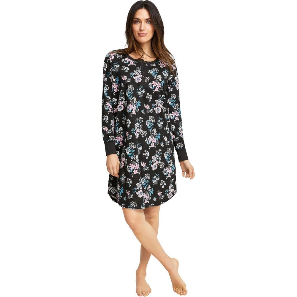image:imageEllos Plus Size Long Sleeve Henley SleepshirtBlack Multi Floral
