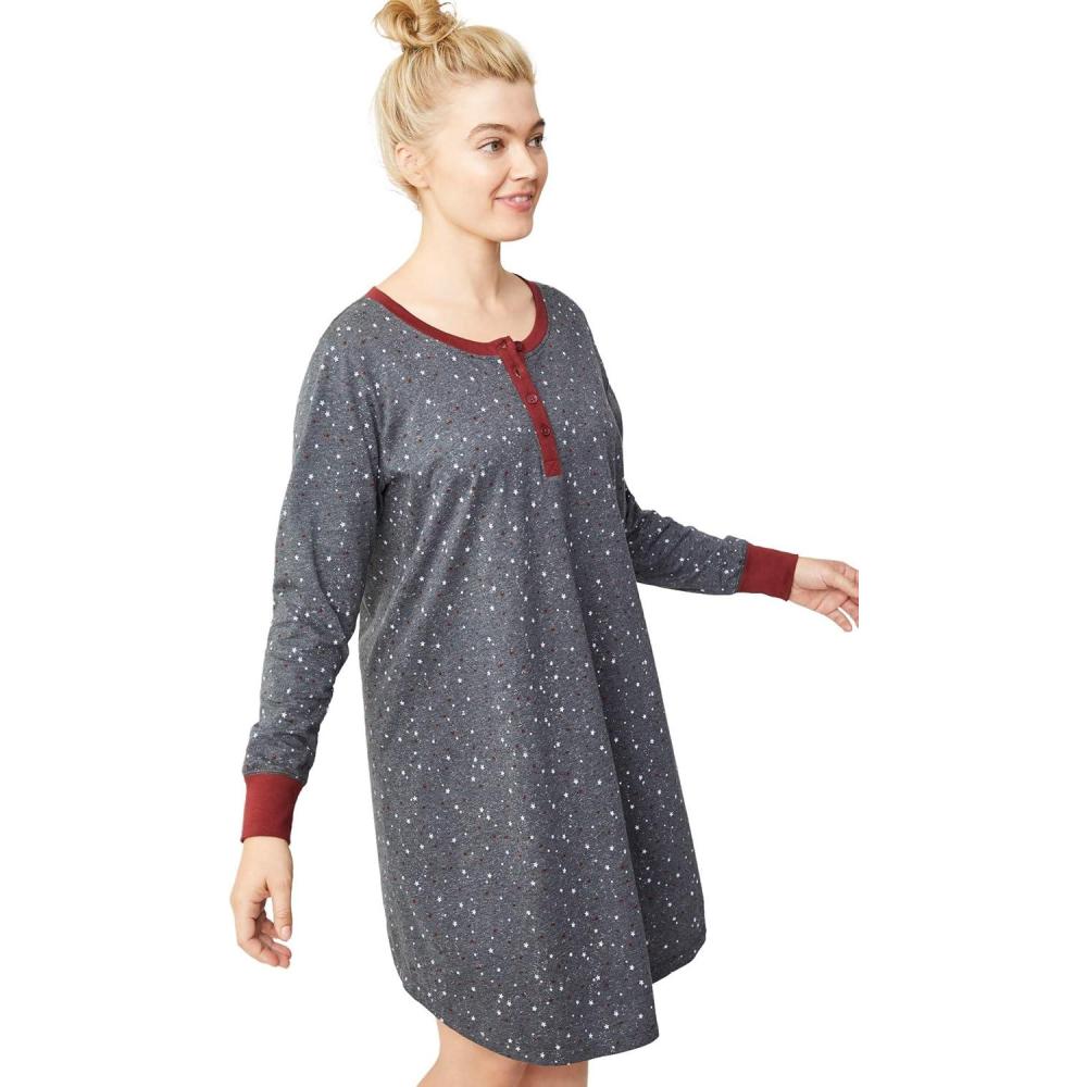 image:imageEllos Plus Size Long Sleeve Henley SleepshirtHeather Charcoal Star