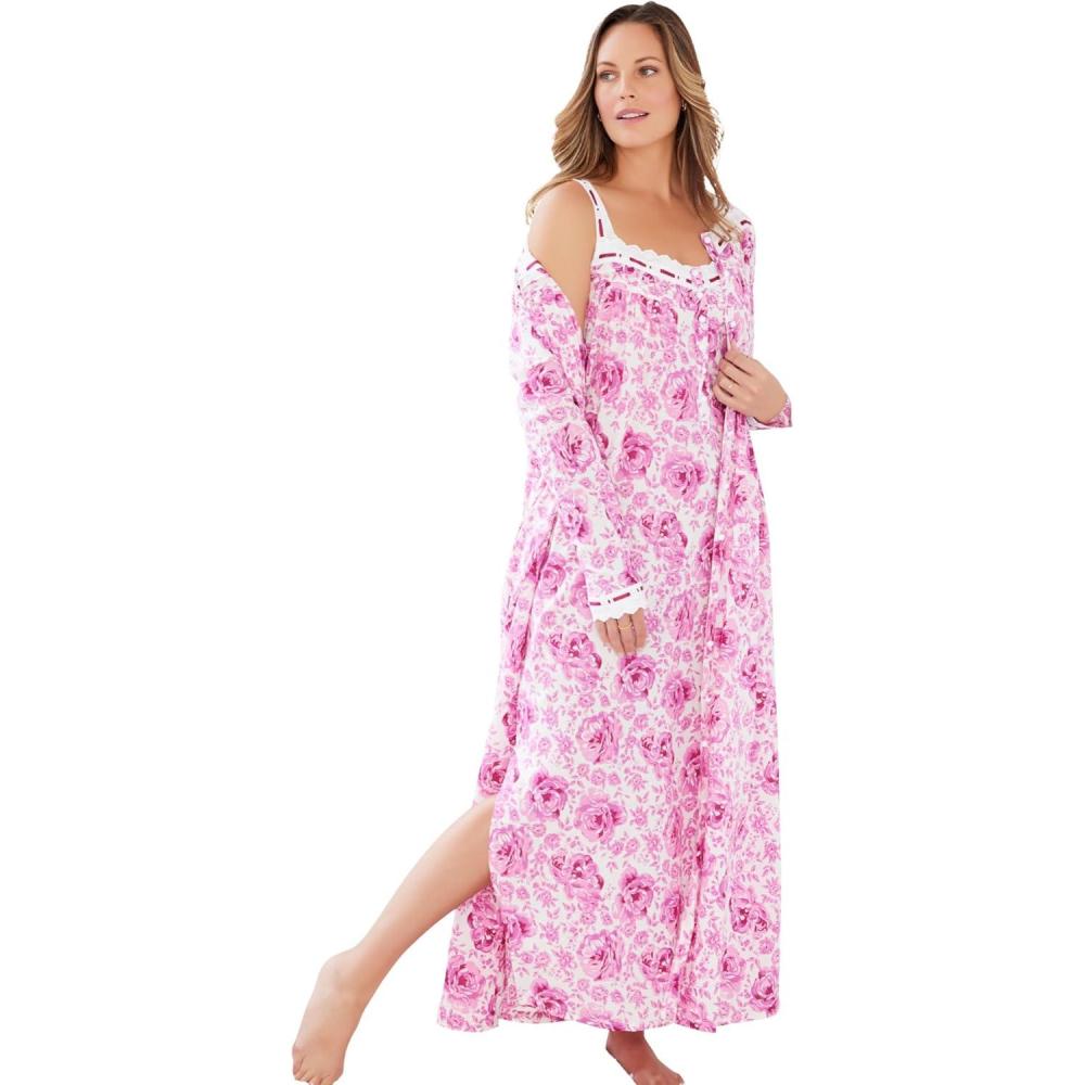 image:imageOnly Necessities Plus Size Long 2Piece CabbageRose Peignoir SetPink Floral
