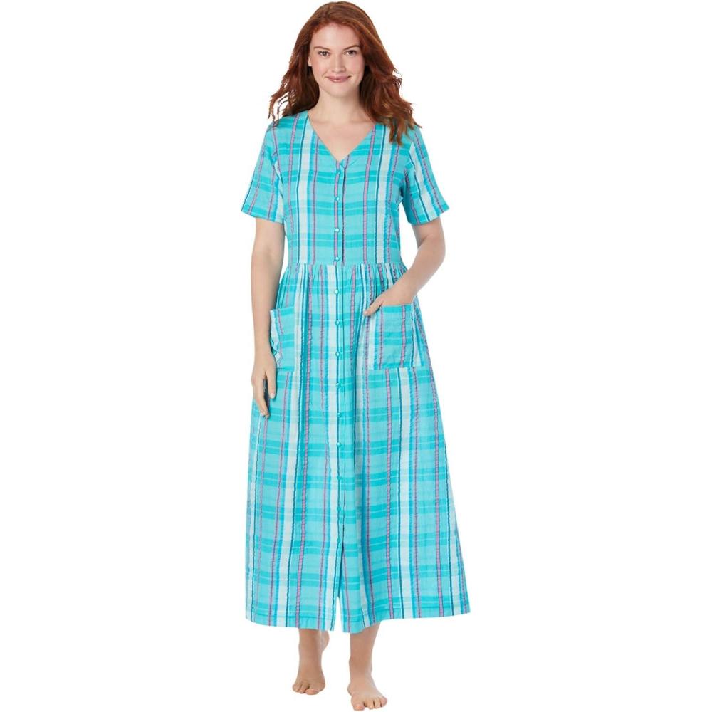 image:imageOnly Necessities Plus Size Long Seersucker LoungerAquamarine Plaid