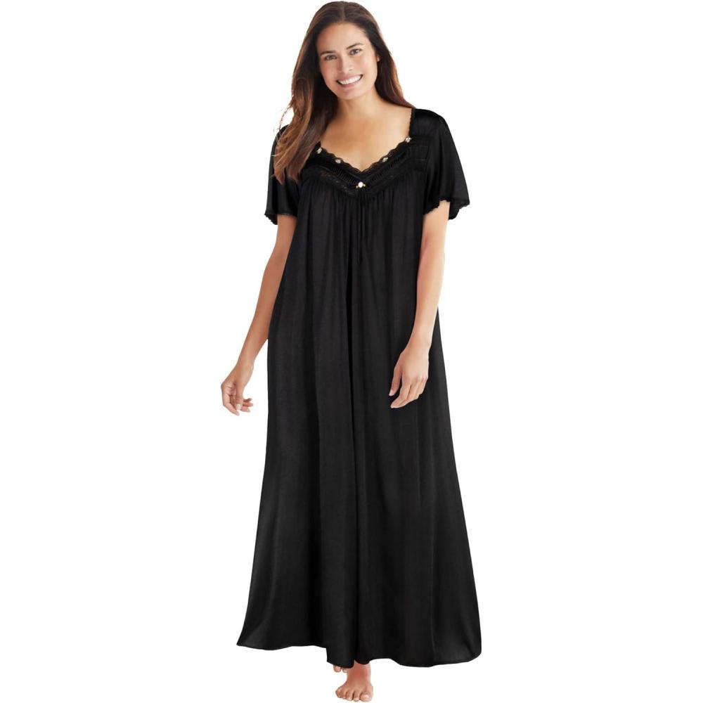 image:imageOnly Necessities Plus Size Long Silky LaceTrim GownBlack