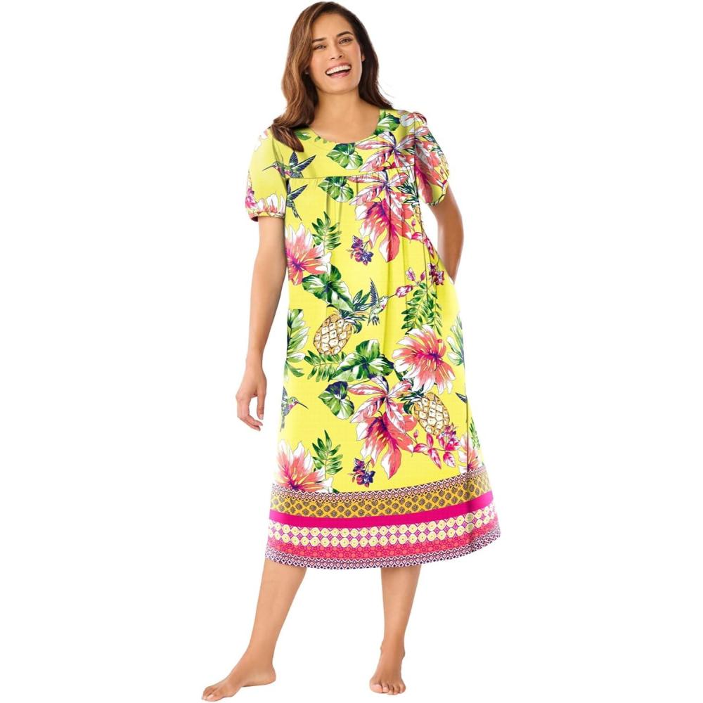 image:imageOnly Necessities Plus Size Short Print Shirred LoungerBright Yellow Hummingbird
