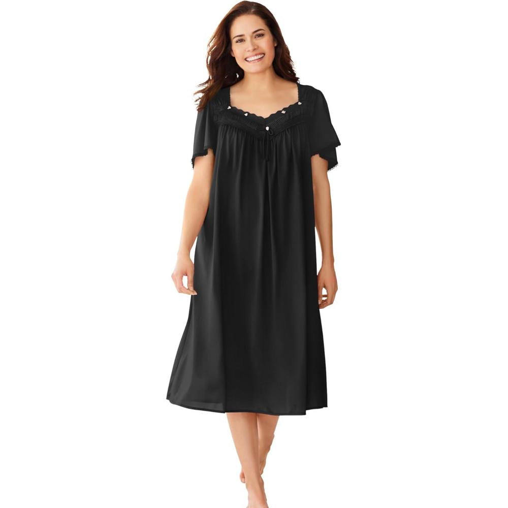image:imageOnly Necessities Plus Size Short Silky LaceTrim GownBlack