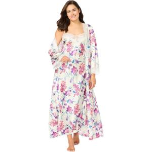 Amoureuse Plus Size The Luxe Satin Long Peignoir Set(Ivory Floral)