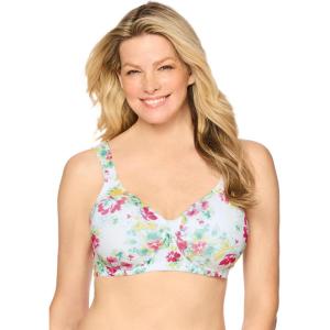 Comfort Choice Women’s Plus Size Cotton Wireless Lightly Padded T-Shirt Bra(White Botanical)