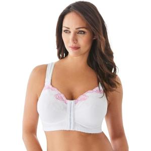 Comfort Choice Women’s Plus Size Front-Close Embroidered Wireless Posture Bra(White Floral)