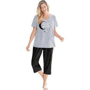 Dreams & Co. Plus Size 2-Piece Capri PJ Set(Black Dot)