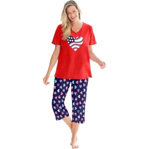 Dreams & Co. Plus Size 2-Piece Capri PJ Set(Navy Americana Heart)