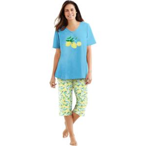 Dreams & Co. Plus Size 2-Piece Capri PJ Set(Pale Ocean Lemon)