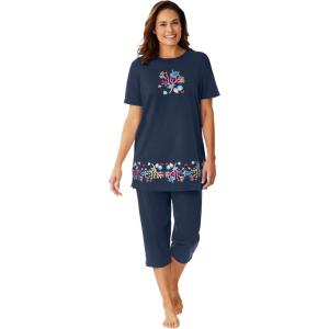 Dreams & Co. Plus Size Knit Capri Sleep Set(Navy Reef)