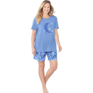 Dreams & Co. Plus Size Knit Pj Short Set(French Blue Tie Dye Moon)