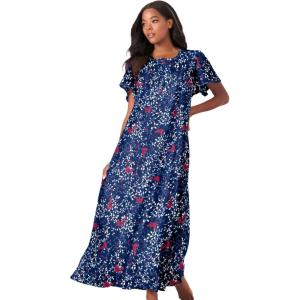 Dreams & Co. Plus Size Long Floral Print Cotton Gown(Evening Blue Birds)