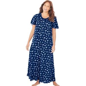 Dreams & Co. Plus Size Long Floral Print Cotton Gown(Evening Blue Flowers)