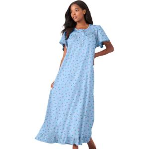 Dreams & Co. Plus Size Long Floral Print Cotton Gown(Sky Blue Ditsy)