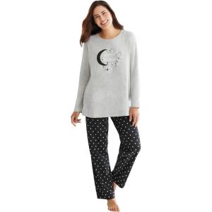 Dreams & Co. Plus Size Petite Long Sleeve Knit PJ Set(Black Dot)