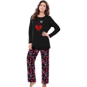 Dreams & Co. Plus Size Petite Long Sleeve Knit PJ Set(Black Multi Heart)