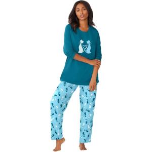 Dreams & Co. Plus Size Petite Long Sleeve Knit PJ Set(Deep Teal Cat)