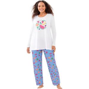Dreams & Co. Plus Size Petite Long Sleeve Knit PJ Set(Multi Fruit)