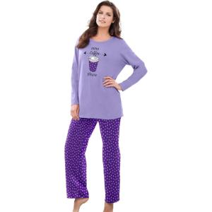 Dreams & Co. Plus Size Petite Long Sleeve Knit PJ Set(Plum Burst Dot)