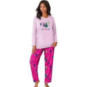 Dreams & Co. Plus Size Petite Long Sleeve Knit PJ Set(Raspberry Sorbet Animal Tree)