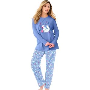 Dreams & Co. Plus Size Petite Long Sleeve Knit PJ Set(Sky Blue Winter Cat)