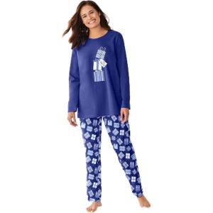 Dreams & Co. Plus Size Petite Long Sleeve Knit PJ Set(Soft Iris Butterfly)