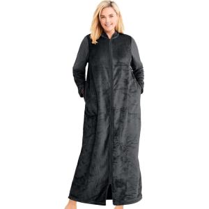Dreams & Co. Plus Size Plush Zip-Front Robe(Black)