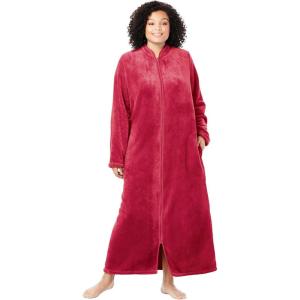 Dreams & Co. Plus Size Plush Zip-Front Robe(Classic Red)