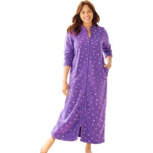 Dreams & Co. Plus Size Plush Zip-Front Robe(Plum Burst Heart)