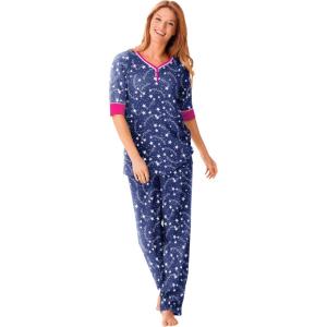 Dreams & Co. Plus Size Printed Henley PJ Set(Evening Blue Stars)